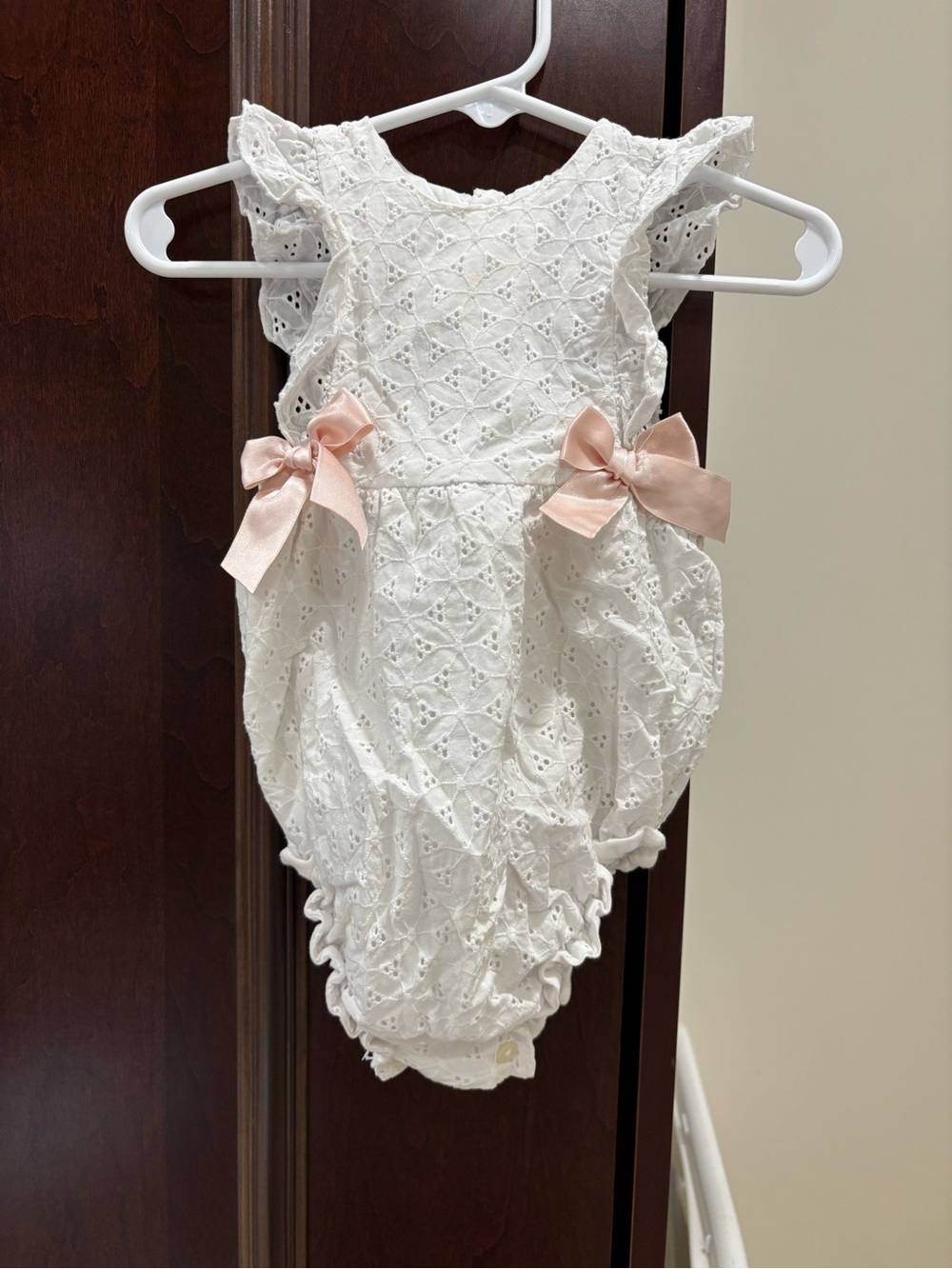 Mac Ilusion White Eyelet Baby Romper with Pink Ribbon Accents